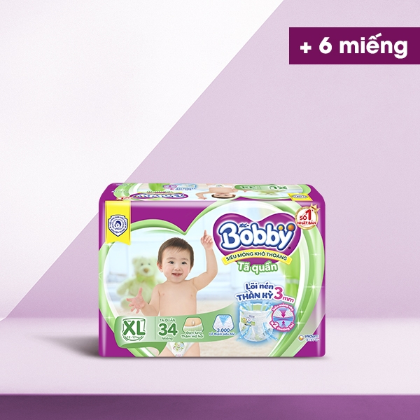 [Tặng 6 miếng] Tã/Bỉm quần Bobby siêu thoáng XL34