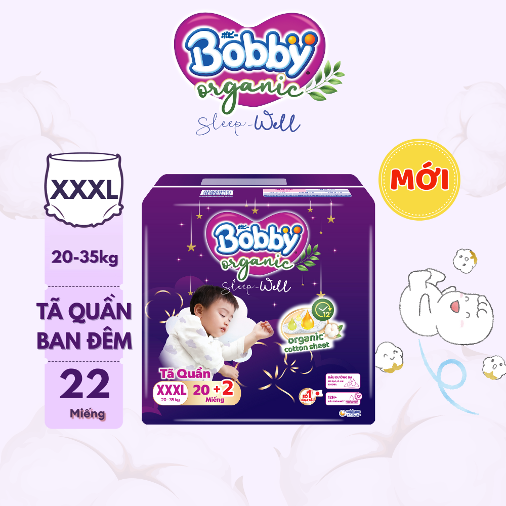 [CỘNG MIẾNG NGẪU NHIÊN] Tã bỉm quần Ban Đêm Cao Cấp Bobby Sleep-Well dịu nhẹ khô thoáng XXXL20