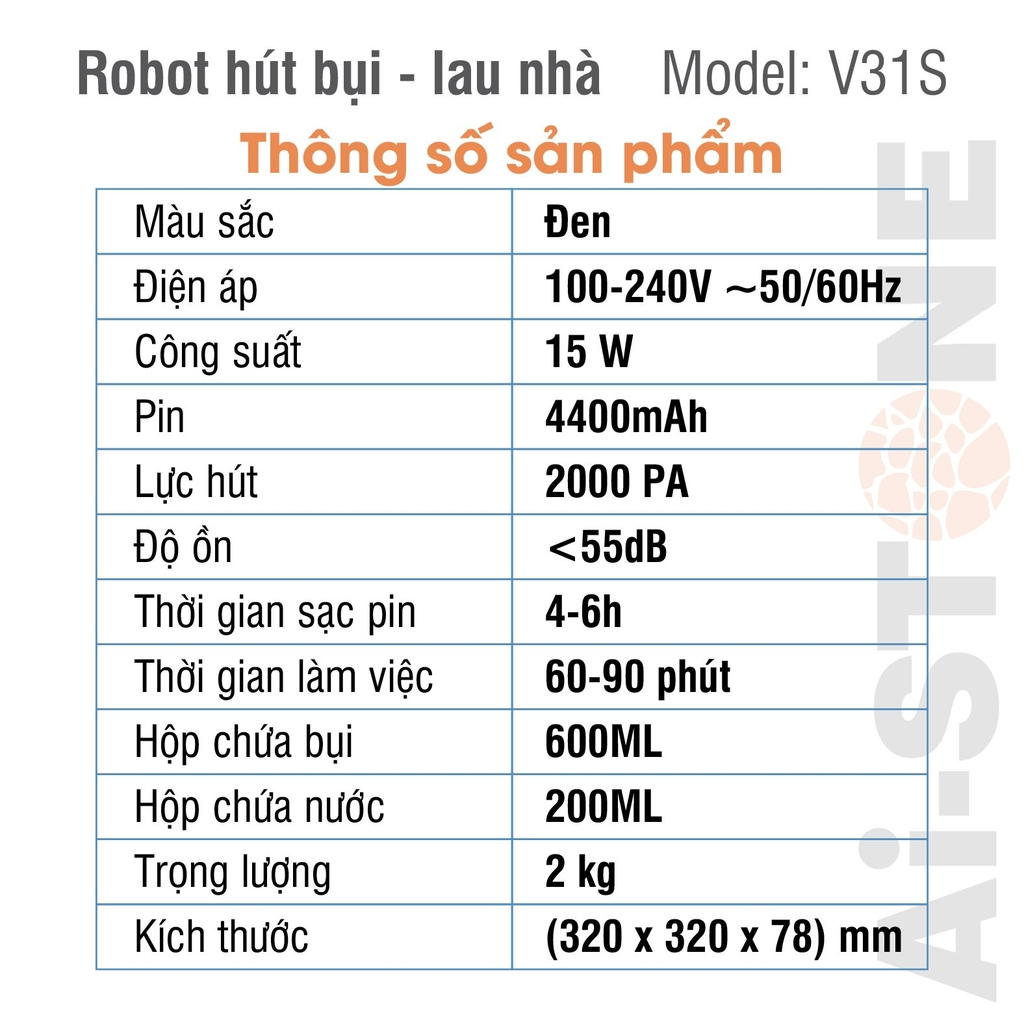 Robot hút bụi lau nhà Ai-STONE V31S Pro