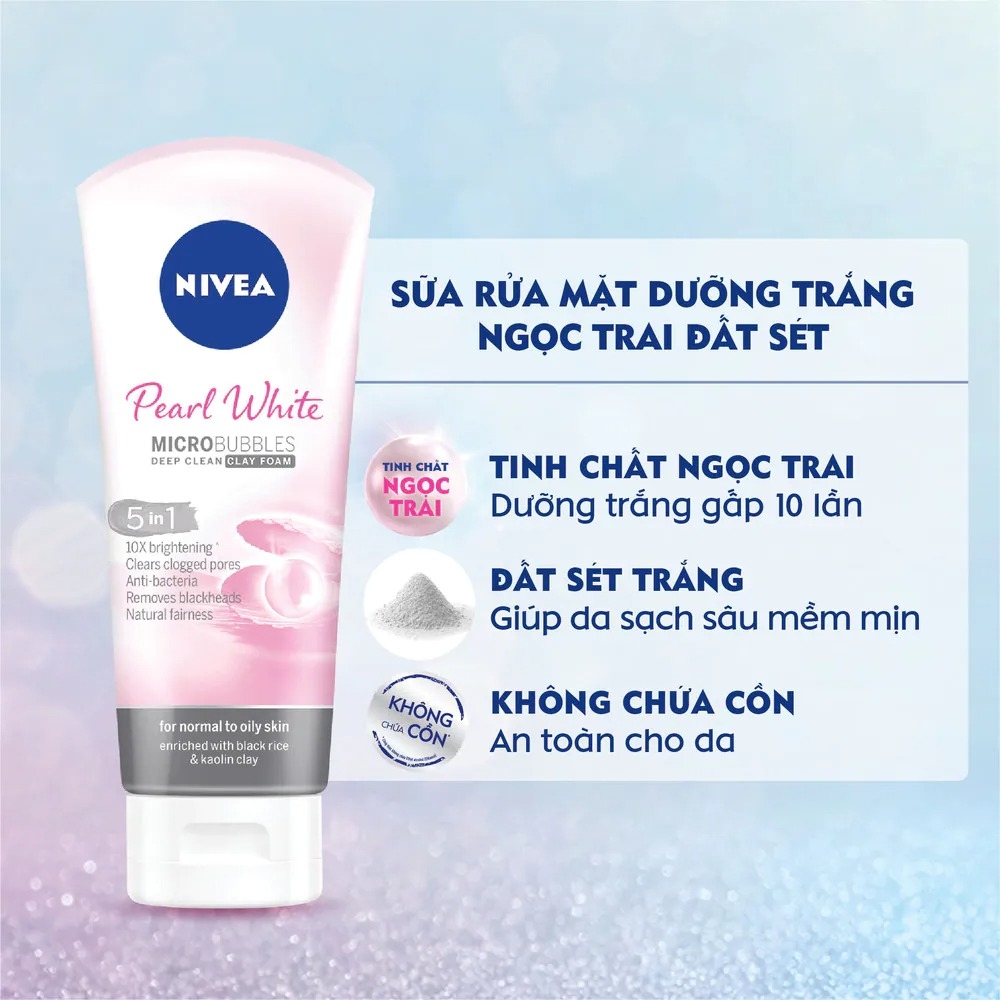 [HCM] Combo Sữa rửa mặt Nivea đất sét ngọc trai làm sáng da Pearl White Micro Bubbles Deep Clean Clay Foam 5 in 1 100g và Nước tẩy trang Nivea sạch sâu ngăn ngừa mụn Acne Clear Micellair Oxygen Boost Micellar Water 200ml