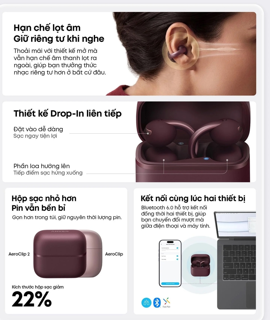 Tai Nghe Bluetooth Soundcore AeroClip 2 D1105 – Kẹp Tai Open-Ear, Hi-Res LDAC, Pin 32 Giờ