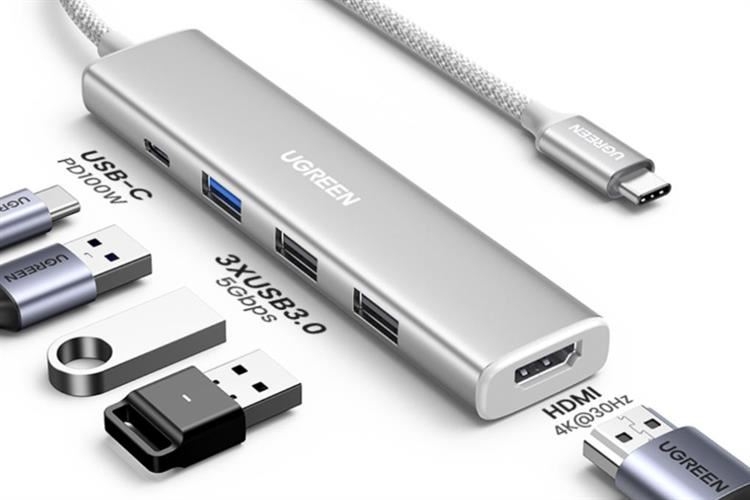 Hub Chuyển Đổi USB-C 5 in 1 Ugreen CM478 – Mở Rộng Cổng Kết Nối, Xuất 4K, Sạc PD 100W