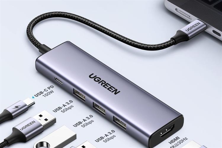 Hub USB-C 5 in 1 Ugreen CM511 (15596) – HDMI 4K, USB 3.0, Sạc Nhanh PD 100W