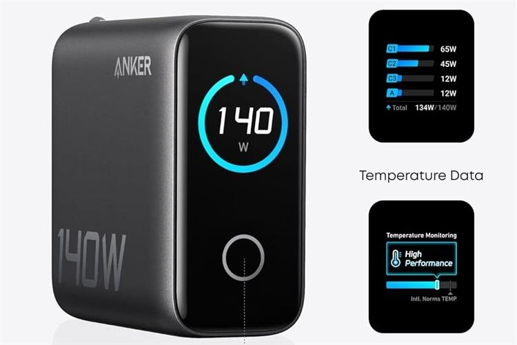 Bộ sạc Anker Zolo 140W GaN B2697 kèm cáp C to C, màn hình LED, 3 cổng Type C, sạc nhanh PD, PPS 2.0