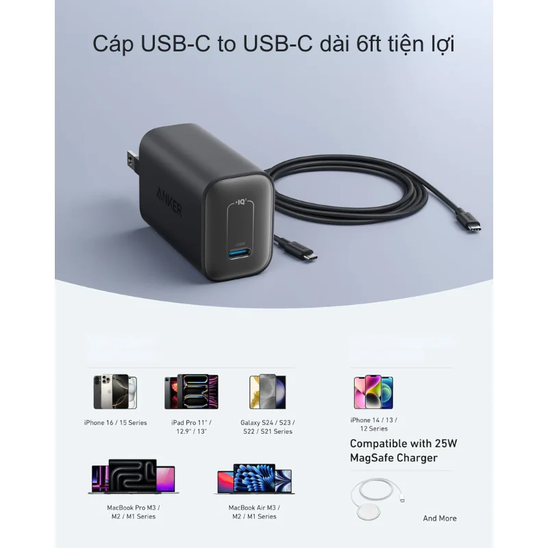 Bộ sạc 100W kèm cáp C to C Anker B2679 sạc nhanh điện thoại, laptop