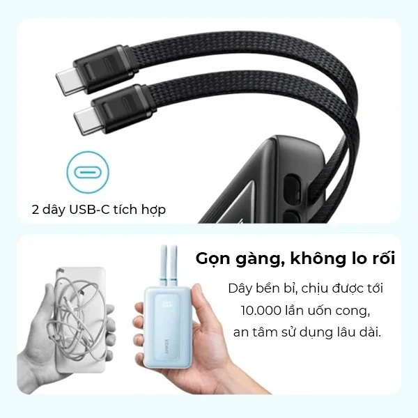 Pin Sạc Dự Phòng Anker Zolo A110M 20.000mAh 45W Kèm 2 Cáp USB-C Tích Hợp