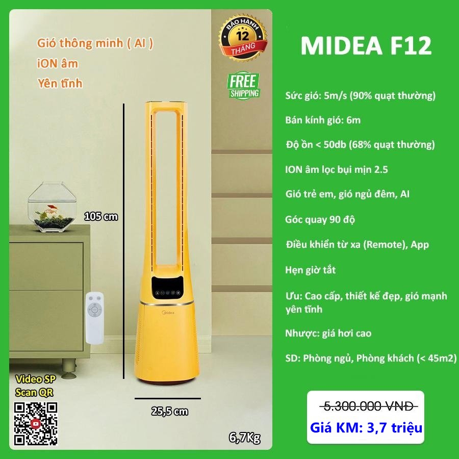Quạt không cánh Midea F12 - Vàng