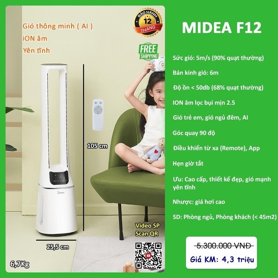 Quạt không cánh Midea F12 -Trắng