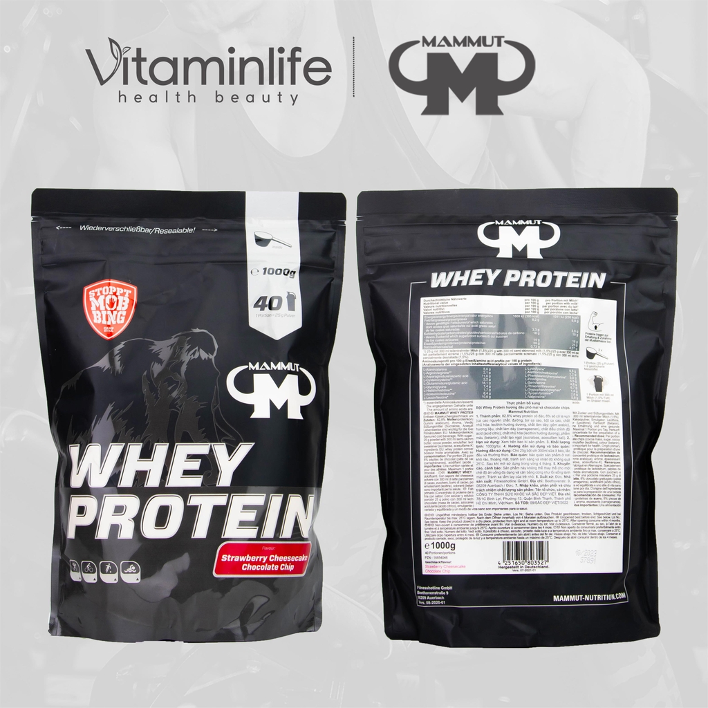 Bột Whey Protein hương dâu phô mai và chocolate chips Mammut Nutrition - Túi zip 1000g