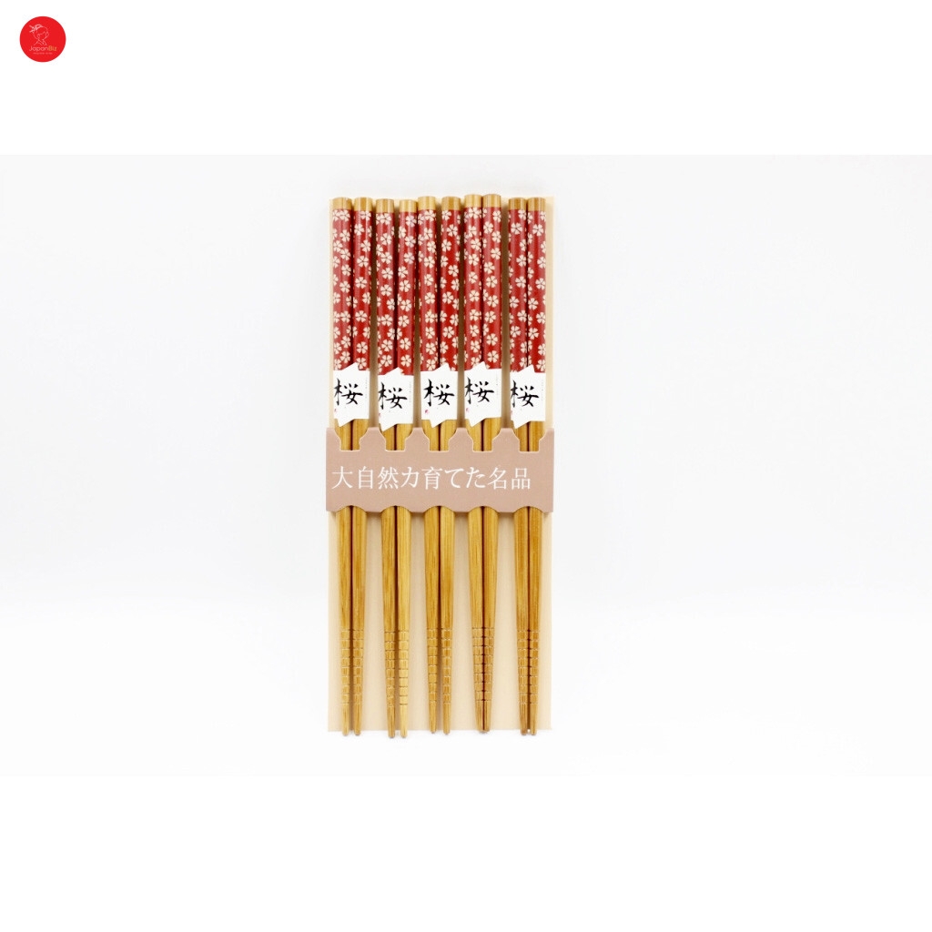 Combo 5 đôi đũa tre tự nhiên mẫu hoa đỏ 22cm