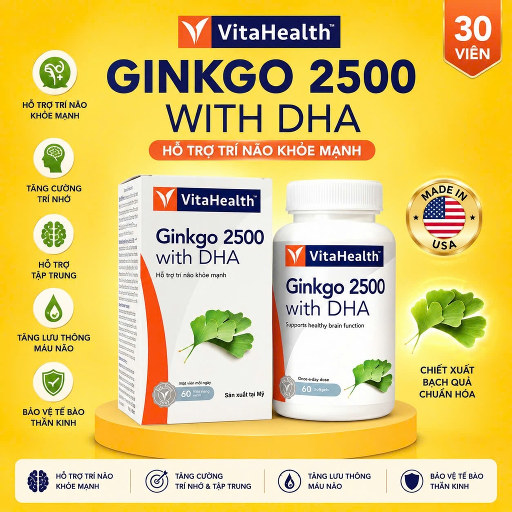 VitaHeath Ginkgo 2500 với DHA 30 viên