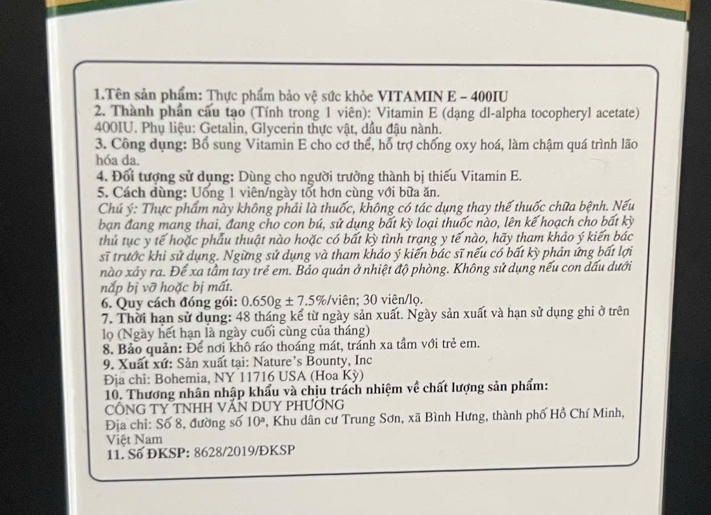 Nature's Bounty Vitamin E 400 IU (30 viên) - Hỗ Trợ Đẹp Da & Chống Lão Hóa