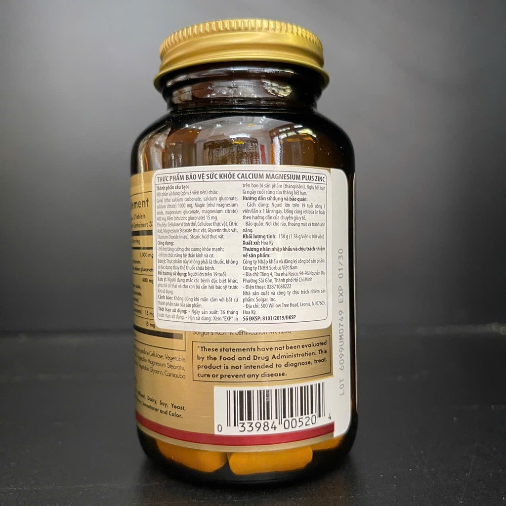 Solgar Calcium Magnesium Plus Zinc 100 Viên