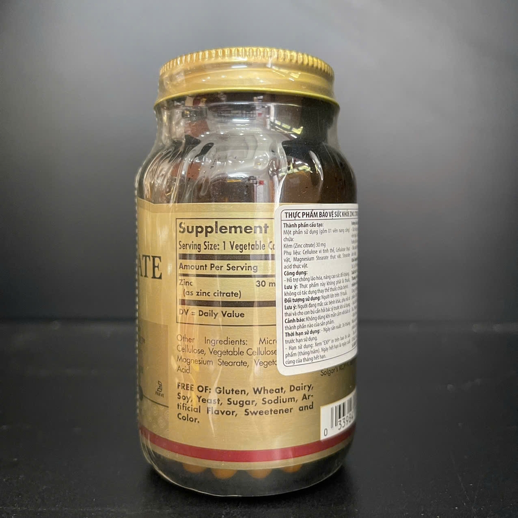 Solgar Zinc Citrate 30mg 100 Viên – Kẽm Hữu Cơ Bổ Sung Kẽm, Hỗ Trợ Tăng Cường Đề Kháng