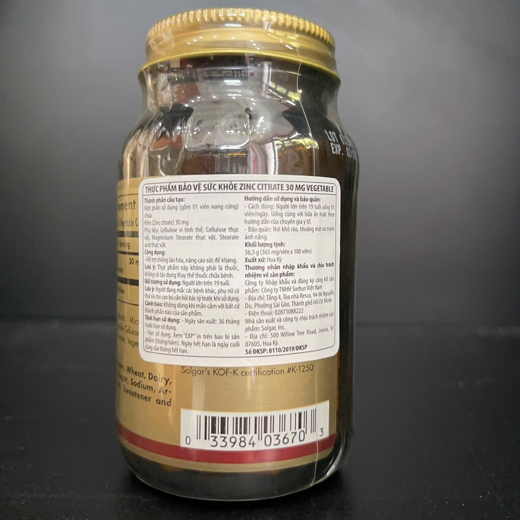 Solgar Zinc Citrate 30mg 100 Viên – Kẽm Hữu Cơ Bổ Sung Kẽm, Hỗ Trợ Tăng Cường Đề Kháng