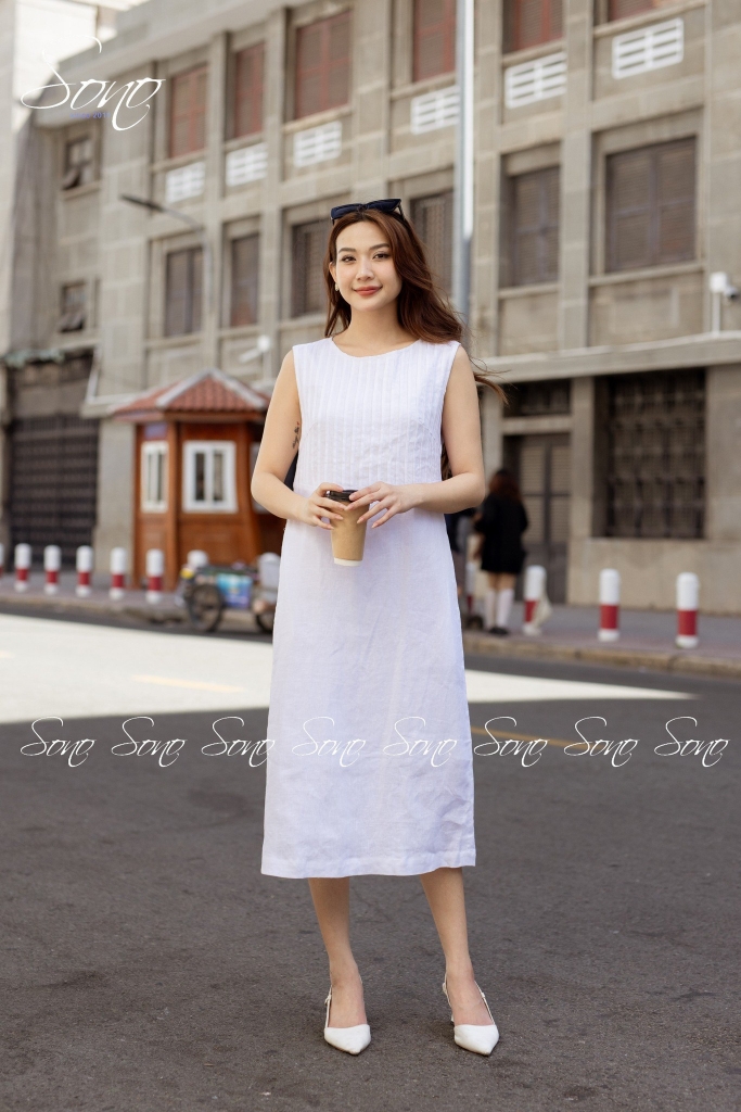 TỔNG KHO LÂM ANH CHUYÊN SỈ) Đầm suông linen tay hến thêu hoa ngực - Trắng  gạo | Shopee Việt Nam