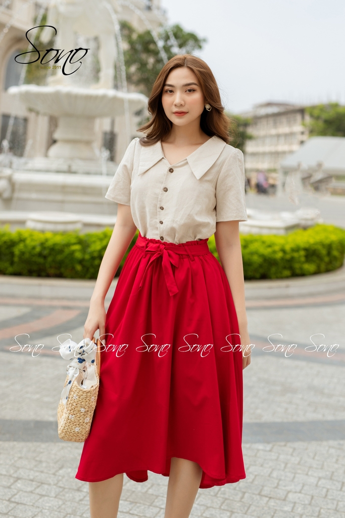Đầm xòe chân váy gấm phối áo đỏ - D963