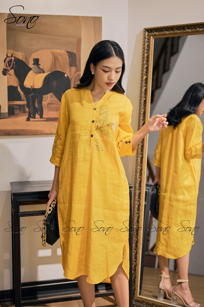 ĐẦM SUÔNG LINEN CỔ TRÒN MÀU TRẮNG NHẸ NHÀNG