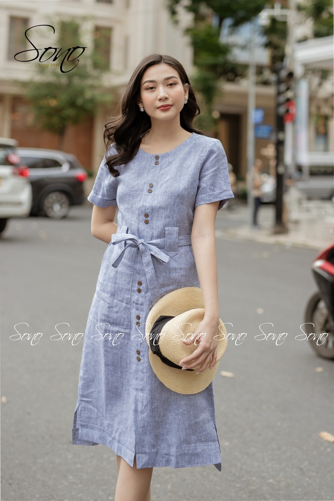 Váy Linen thêu hoa dáng dài, Đầm suông linen nữ cổ tàu, ngắn tay, thêu hoa