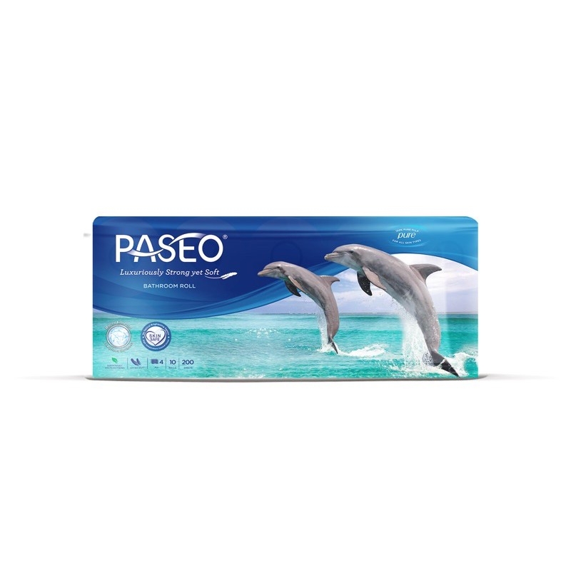 Giấy vệ sinh Paseo Dolphin cá heo cao cấp 4 lớp, không kích ứng da tay - Combo 10 cuộn (1 xách)
