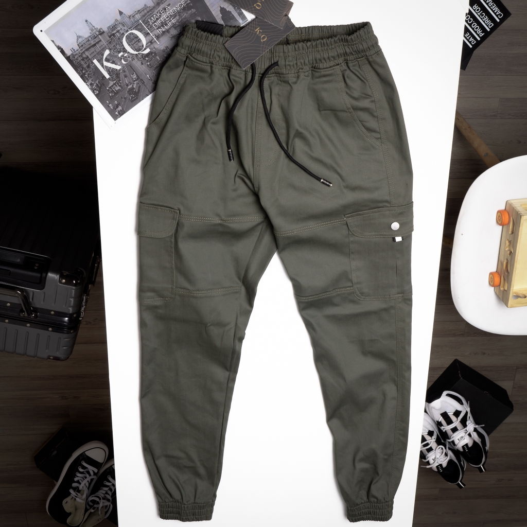 Quần Cargo Túi Hộp Jogger Kaki Co Giãn Unisex Màu Rêu | KQSTYLING JTD01
