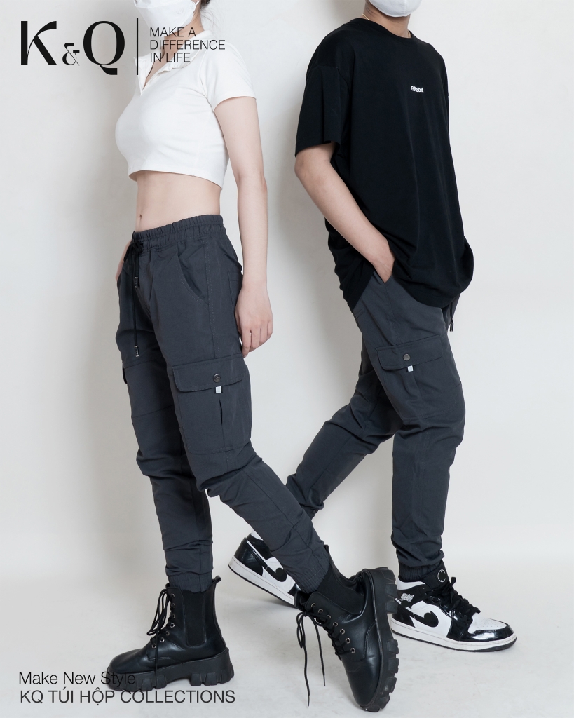 Quần Cargo Túi Hộp Jogger Kaki Co Giãn Unisex Màu Xám Chì | KQSTYLING JTD01