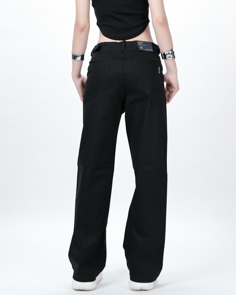 Quần Kaki Nữ Lưng Cao Ống Rộng Có Sidetab  Màu Đen | KQSTYLING WIDE