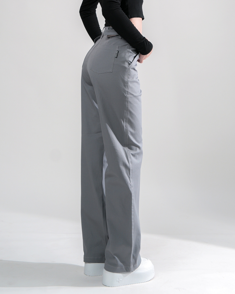 Quần Kaki Nữ Lưng Cao Ống Rộng Có Sidetab  Màu Xám Nhạt | KQSTYLING WIDE
