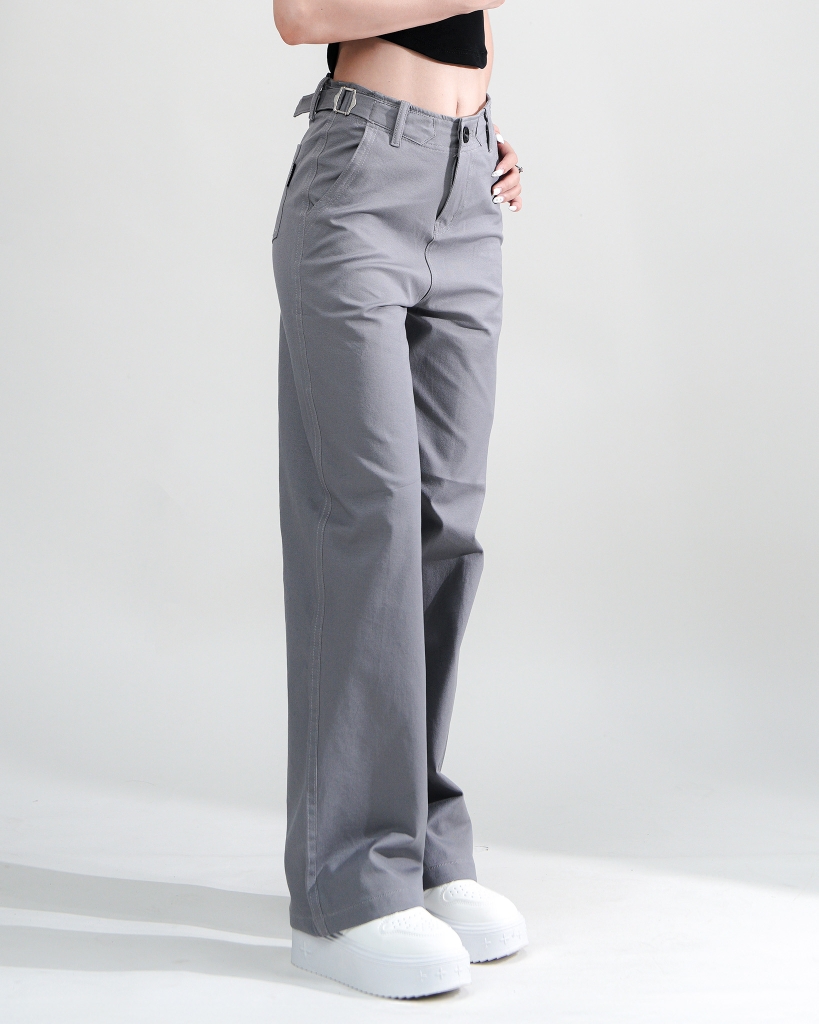 Quần Kaki Nữ Lưng Cao Ống Rộng Có Sidetab  Màu Xám Nhạt | KQSTYLING WIDE