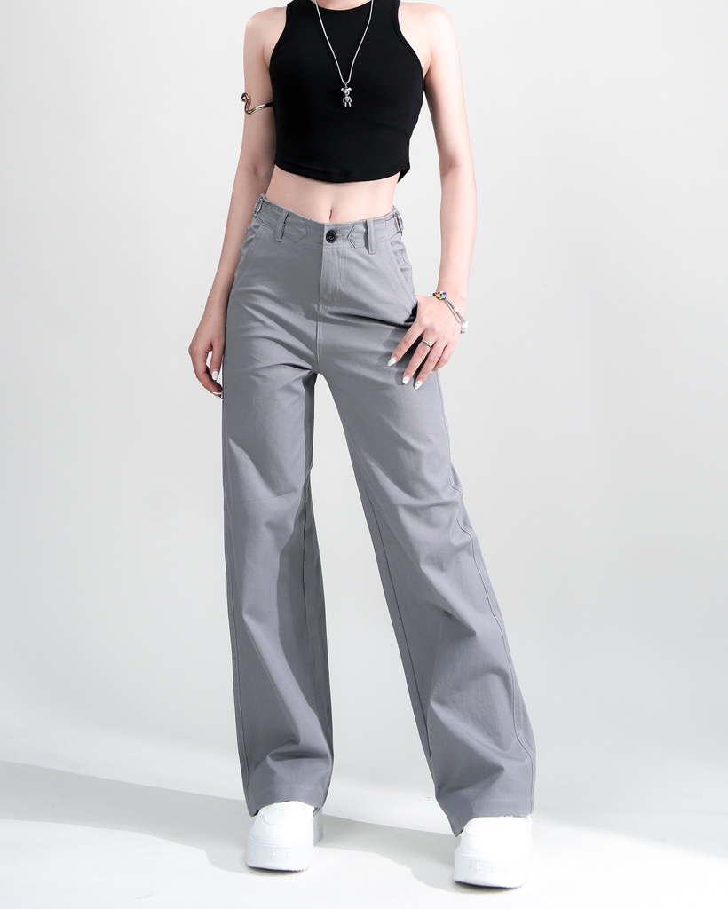 Quần Kaki Nữ Lưng Cao Ống Rộng Có Sidetab  Màu Xám Nhạt | KQSTYLING WIDE