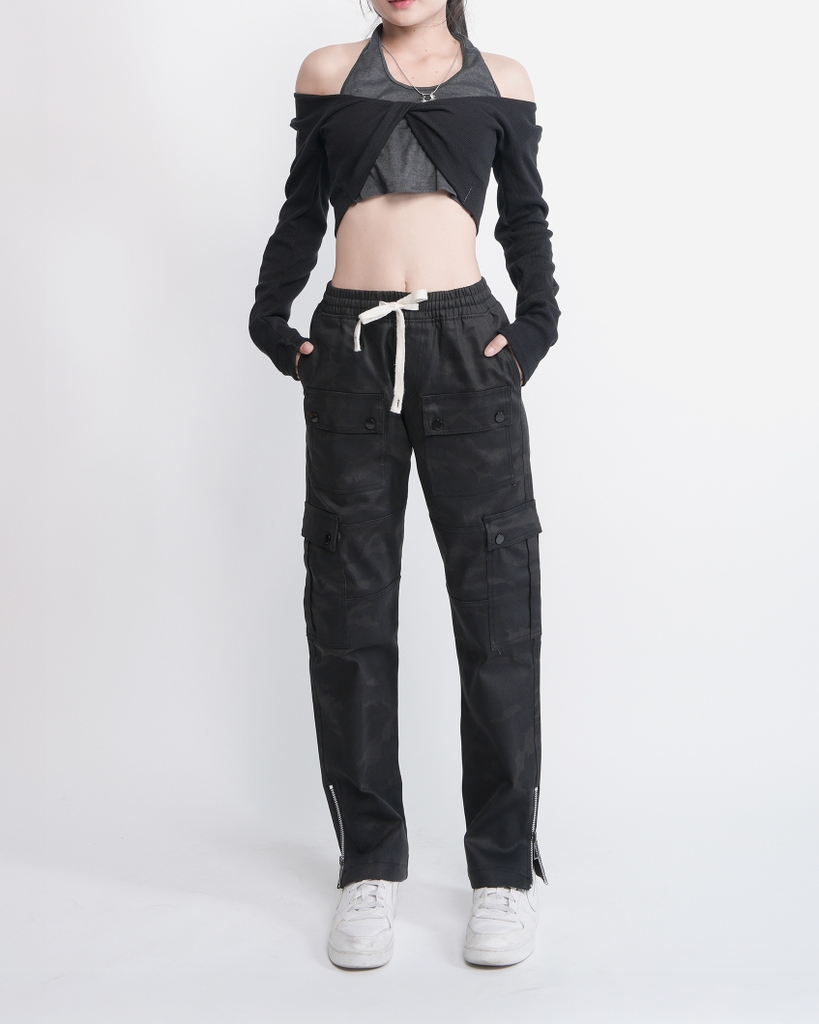 Quần Cargo Nữ Kaki Túi Hộp Co Giãn Ống Đứng Màu Rằn Đen | KQSTYLING ZIP