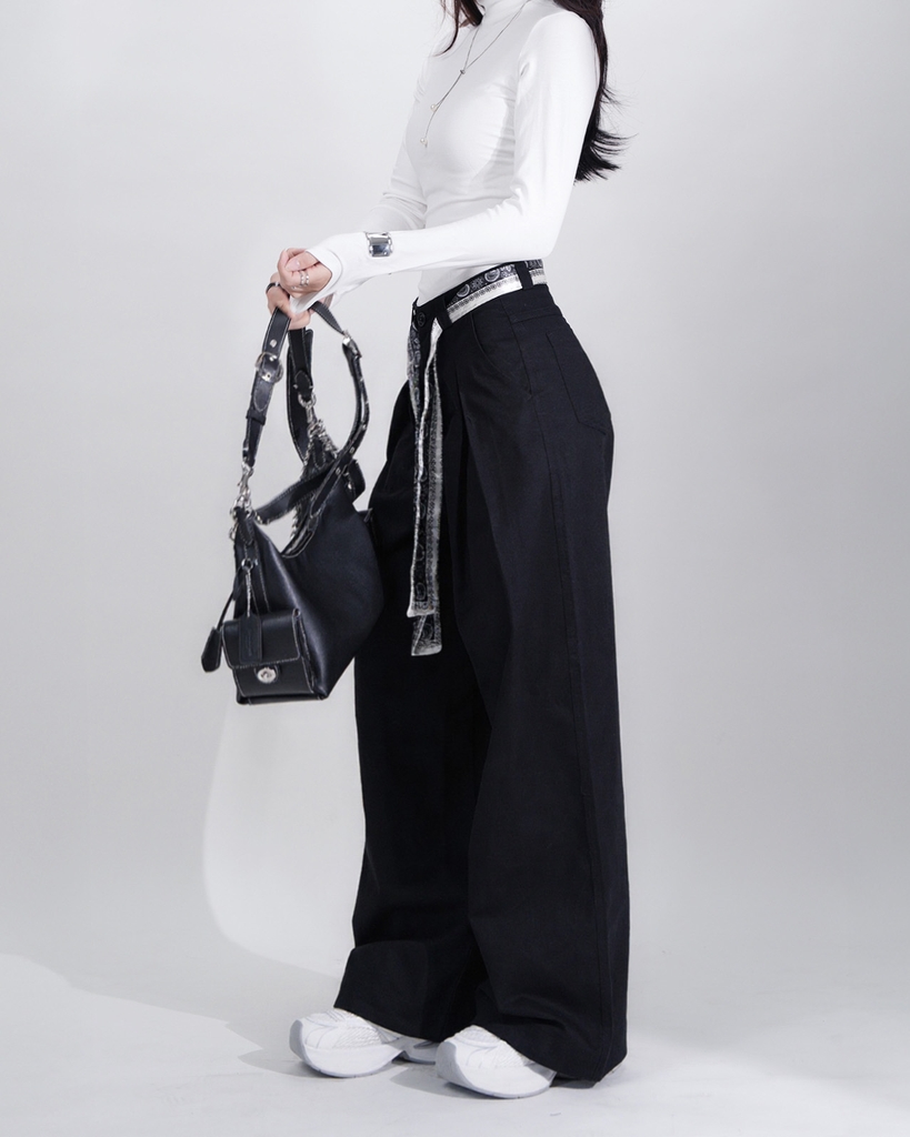 Quần Kaki Nữ Lưng Cao Ống Rộng Form Đứng Màu Đen | KQSTYLING High-Waist Wide-Leg