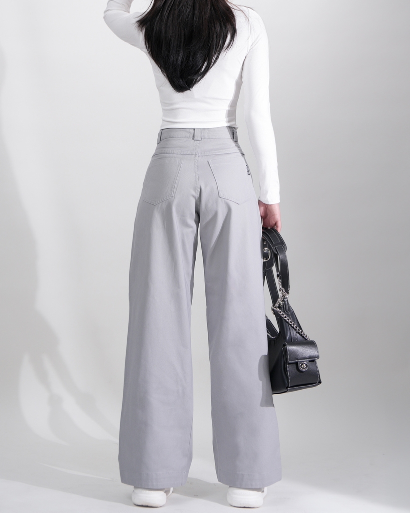 Quần Kaki Nữ Lưng Cao Ống Rộng Form Đứng Màu Xám Nhạt | KQSTYLING High-Waist Wide-Leg