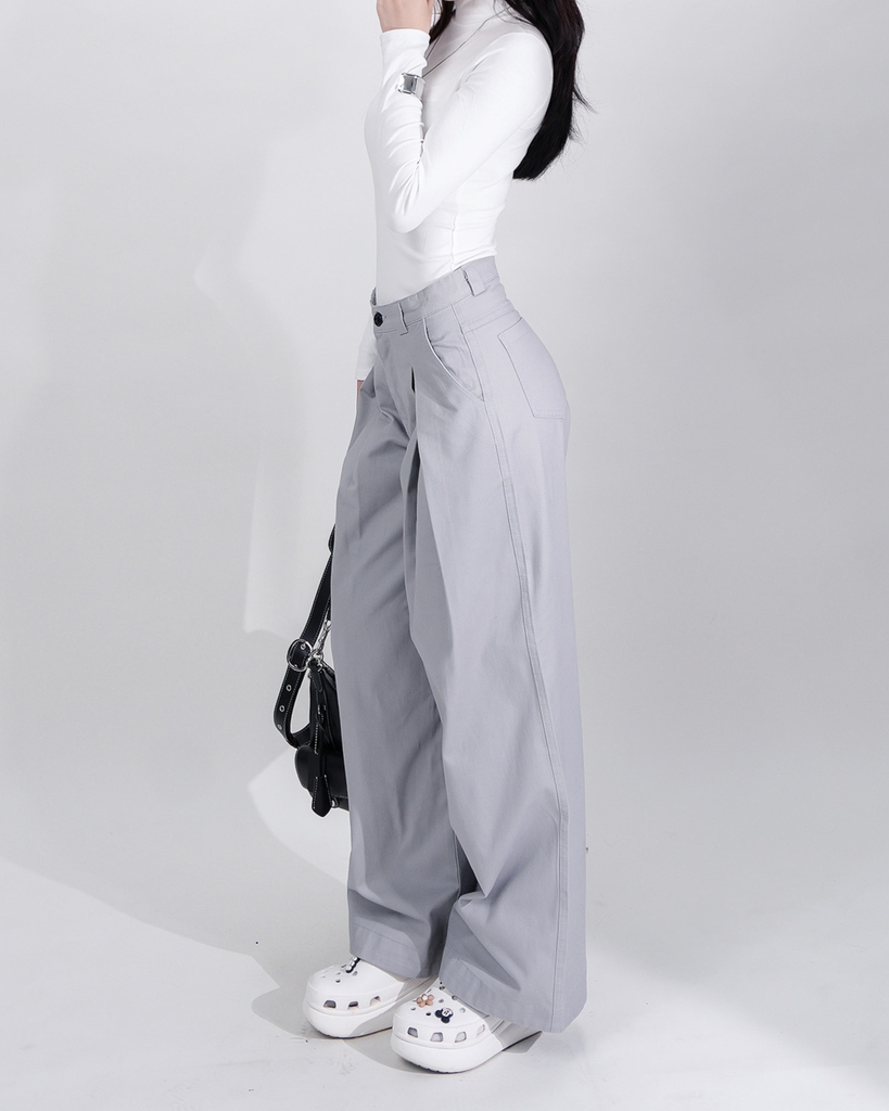 Quần Kaki Nữ Lưng Cao Ống Rộng Form Đứng Màu Xám Nhạt | KQSTYLING High-Waist Wide-Leg