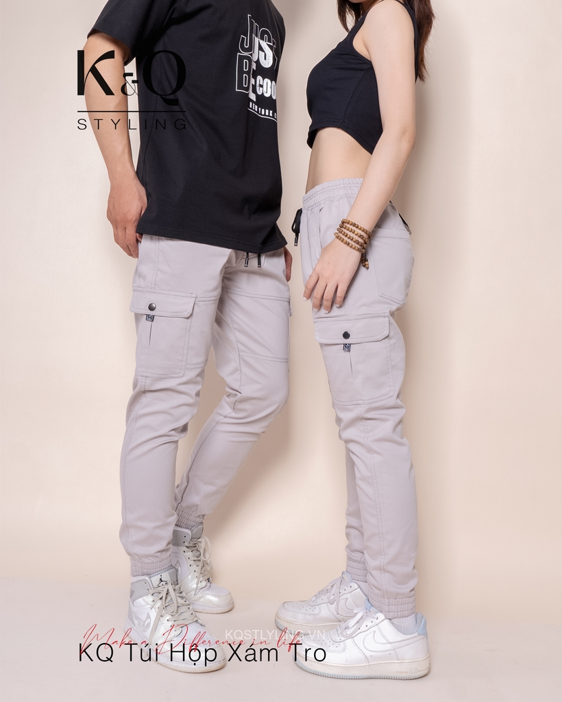 Quần Cargo Túi Hộp Jogger Kaki Co Giãn Unisex Màu Xám Tro | KQSTYLING JTD01