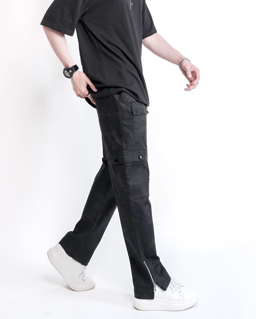 Quần Cargo Nam Kaki Túi Hộp Co Giãn Ống Đứng Màu Rằn Đen | KQSTYLING ZIP