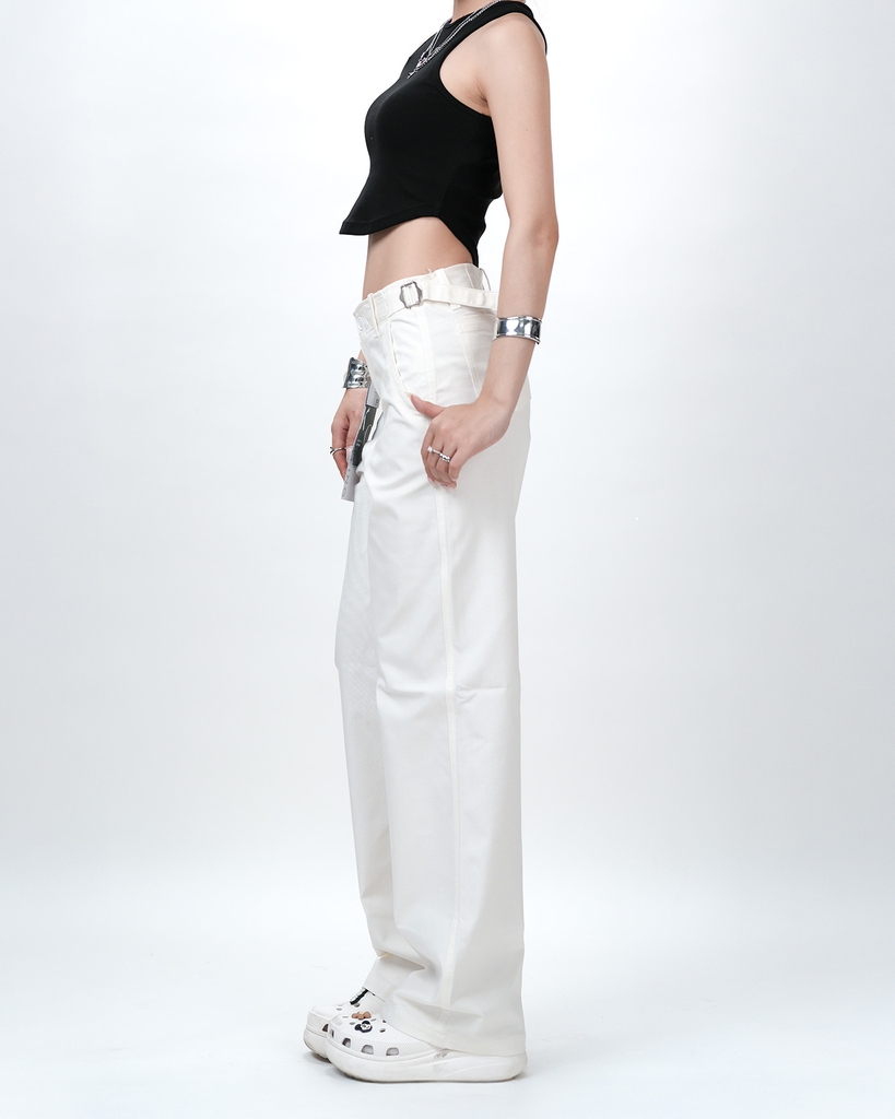 Quần Kaki Nữ Lưng Cao Ống Rộng Có Sidetab  Màu Trắng | KQSTYLING WIDE