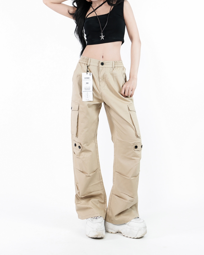 Quần Cargo Nữ Kaki Túi Hộp Ống Rộng 100% Cotton Mềm Màu Vàng Kaki | KQSTYLING WIDE