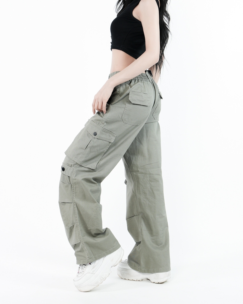 Quần Cargo Nữ Kaki Túi Hộp Ống Rộng 100% Cotton Mềm Màu Rêu Nhạt | KQSTYLING WIDE