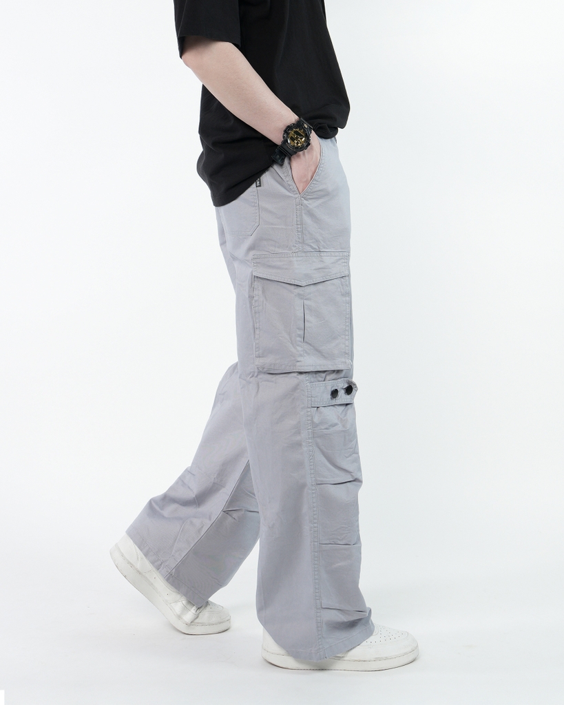 Quần Cargo Nam Kaki Túi Hộp Ống Rộng 100% Cotton Mềm Màu Xám Môn | KQSTYLING WIDE