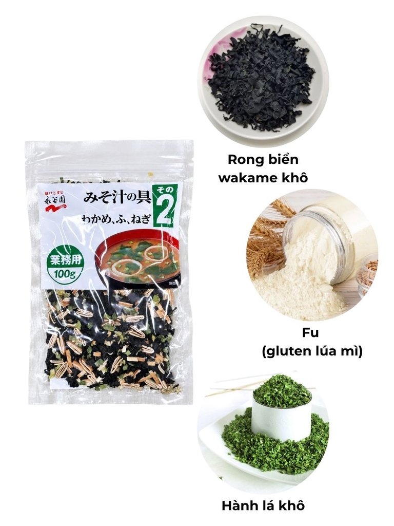 Rong Biển Wakame Khô Nấu Súp Miso Nagatanien 100g - Kèm Fu, Hành Lá