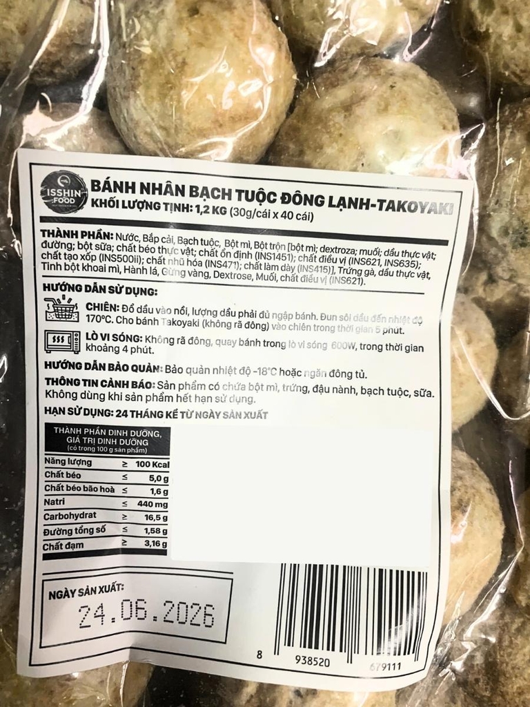 Bánh Nhân Bạch Tuộc Takoyaki Đông Lạnh (40 viên x 30g) 1.200G