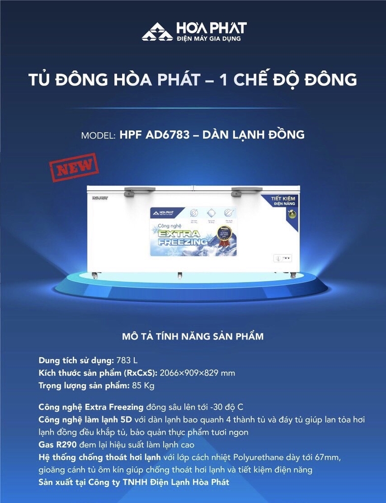 Tủ Đông 803 Lít Hòa Phát HPF-AD6783 1 Ngăn 2 Cửa mở