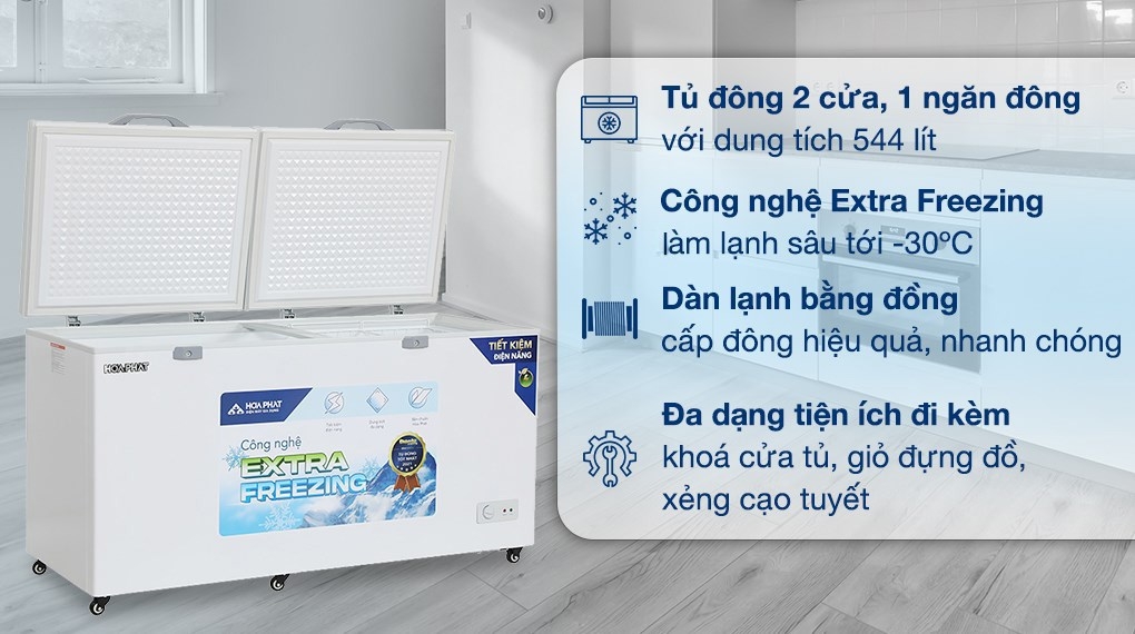 Tủ đông dung tích lớn Hòa Phát 1 ngăn 2 cánh HPF AD6544 1000L DÀN ĐỒNG