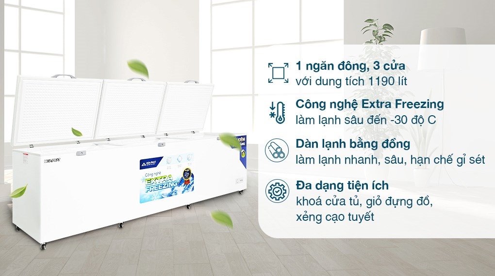Tủ đông dung tích lớn Hòa Phát 1 ngăn 3 cánh HPF AD61190 1700L Dàn Đồng