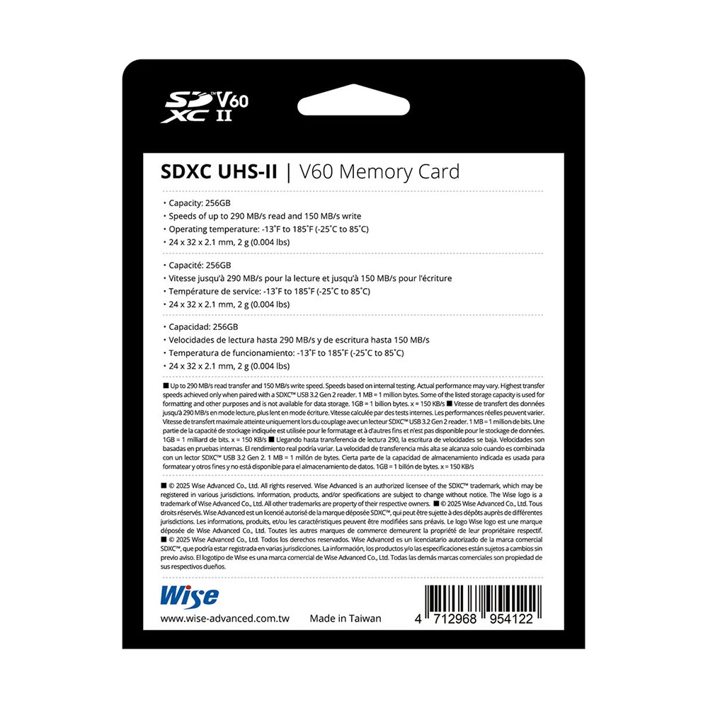 Thẻ nhớ Wise 128GB / 256GB / 512GB SDXC UHS-II V60 / V90 - SD-S128 / SD-S256 / SD-S512 / SD-N128 / SD-N256