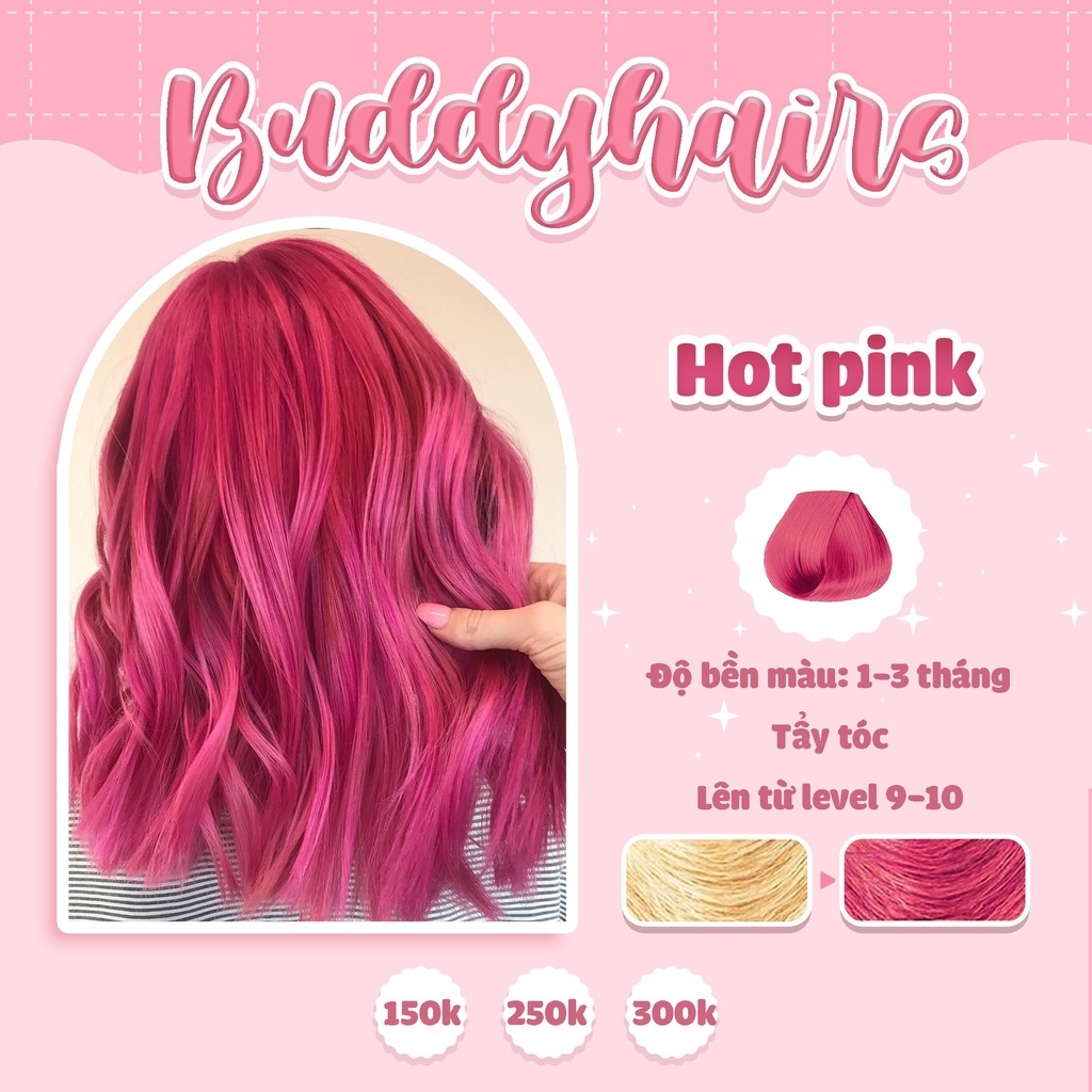 Với thuốc nhuộm tóc Hot pink / Hồng sáng, bạn sẽ bất ngờ trước màu sắc nổi bật và lạ mắt của mái tóc. Không chỉ mang đến cảm giác tươi mới và trẻ trung, màu tóc này còn thể hiện sự cá tính và phong cách riêng của bạn.