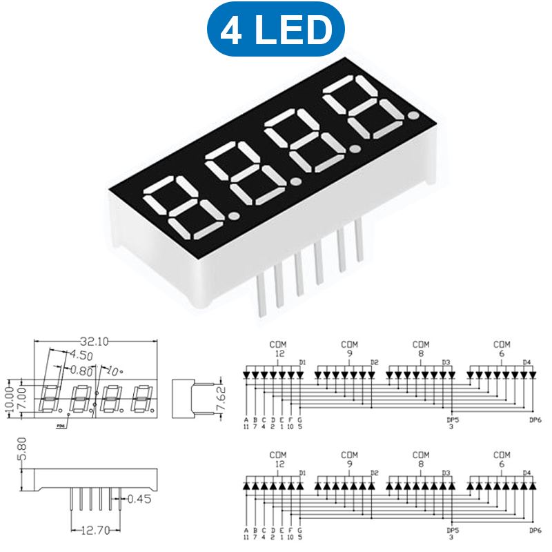 LED 7 đoạn 0.28 inch chữ màu đỏ âm chung / dương chung