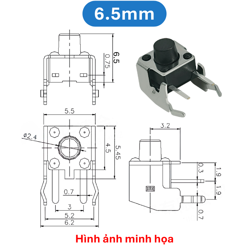 (50 Cái) Nút nhấn 6x6mm 2 chân cắm chỉnh ngang cao 4.3 - 15mm