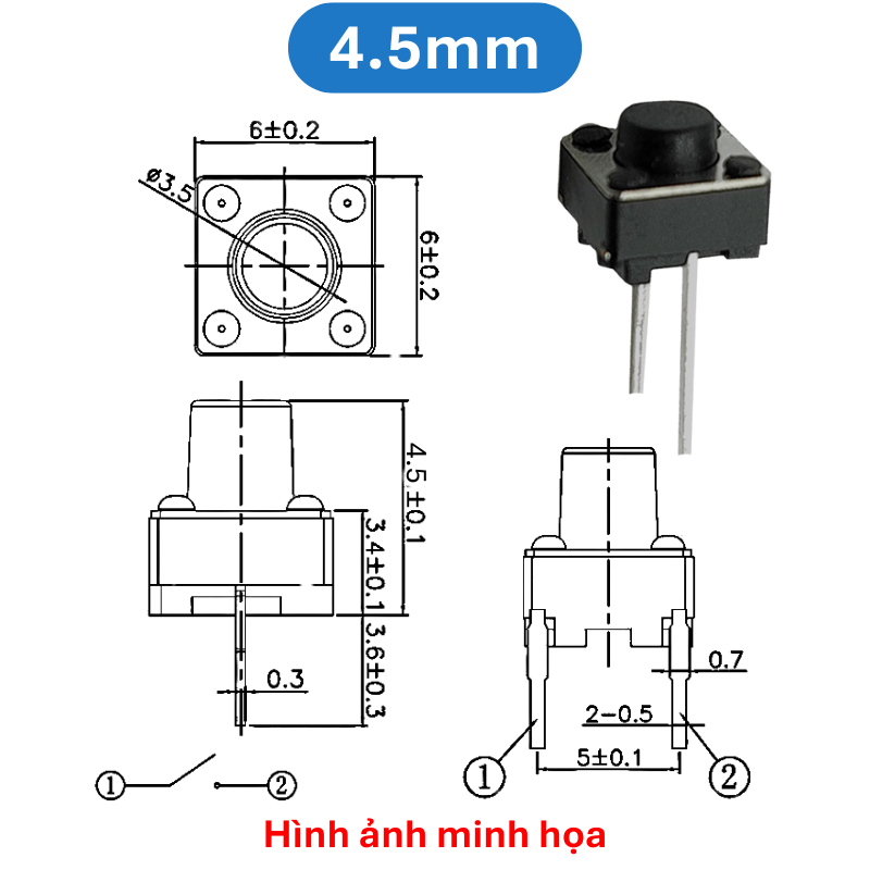 (50 Cái) Nút nhấn 6x6mm 2 chân cắm đứng cao 4.3 - 9mm